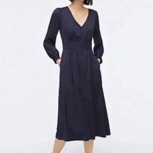 J. Crew | Midi Navy Blue Satin Button Down Dress | 6T Tall